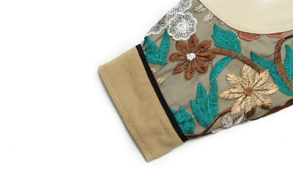 Unisex Loose Fit Shirt Style Jacket Whit Embroidered Flowers - ChoreGirl