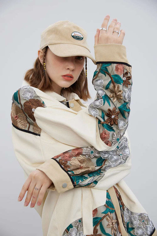 Unisex Loose Fit Shirt Style Jacket Whit Embroidered Flowers - ChoreGirl