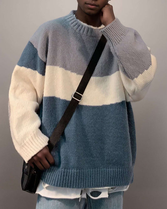 Unisex color block sweater in blue gray cream horizontal stripes chunky ribbed knit round neck pullover