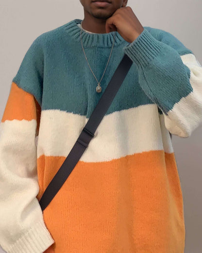 Unisex color block knit sweater brown beige neutral striped pattern ribbed pullover