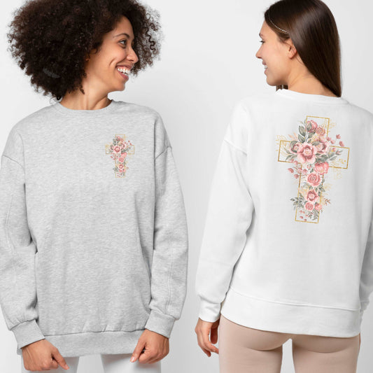 Custom Unisex Blooming Flower Cross Heavy Blend Crewneck Sweatshirt | PERSONALIZED - ChoreGirl