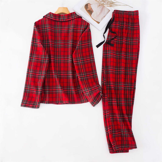 Unisex Couple Red Plaid Loose Long Sleeves Flannel Pajamas Set - ChoreGirl