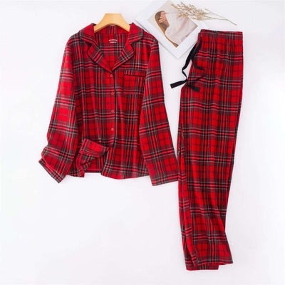 Unisex Couple Red Plaid Loose Long Sleeves Flannel Pajamas Set - ChoreGirl