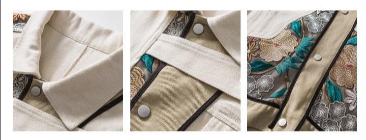 Unisex Loose Fit Shirt Style Jacket Whit Embroidered Flowers - ChoreGirl