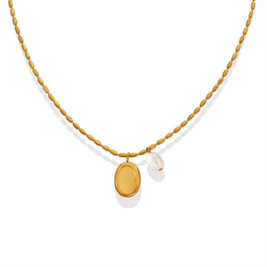 Unisex Titanium Steel Oval Necklace with Pearl Charm - ChoreGirl