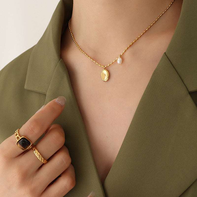 Unisex Titanium Steel Oval Necklace with Pearl Charm - ChoreGirl