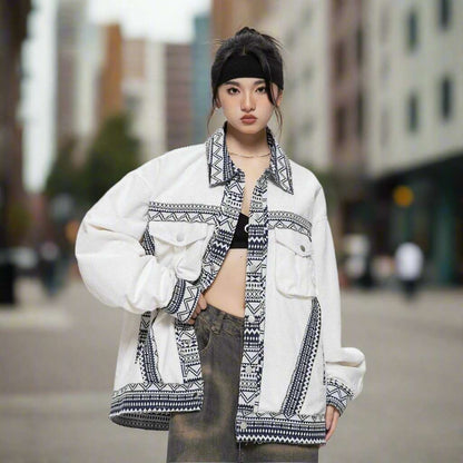 Unisex White Ethnic Pattern Jacket - ChoreGirl