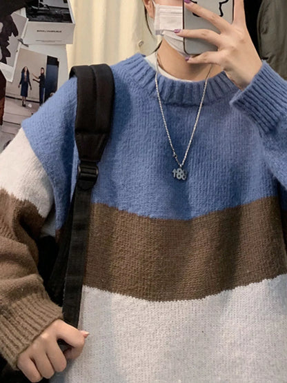 Unisex patchwork sweater black white gray color blocking ribbed knit round neck