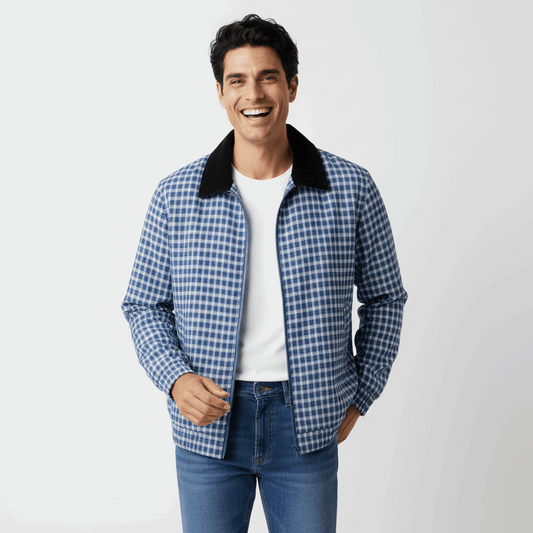 Men's Vintage Pattern Blue Shifty Corduroy Collar Track Jacket