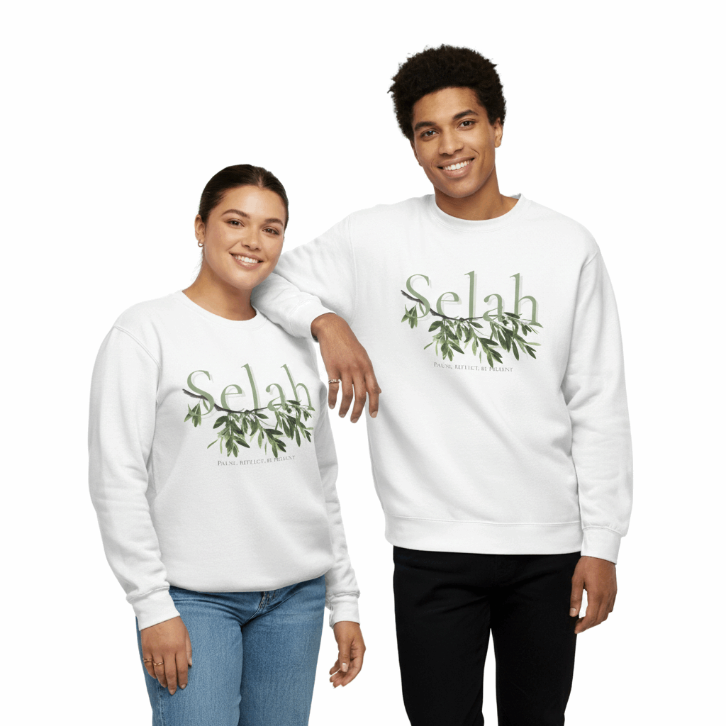 White sweatshirt with 'Selah' and olive branch design on a white background