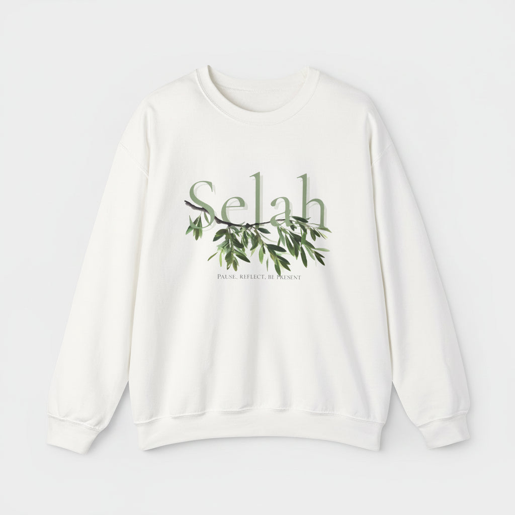 White sweatshirt with 'Selah' and olive branch design on a white background