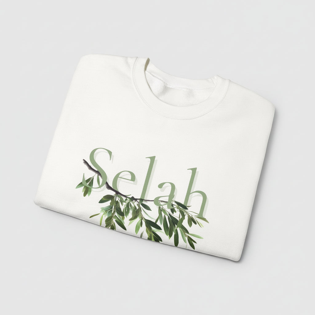 White sweatshirt with 'Selah' and olive branch design on a white background