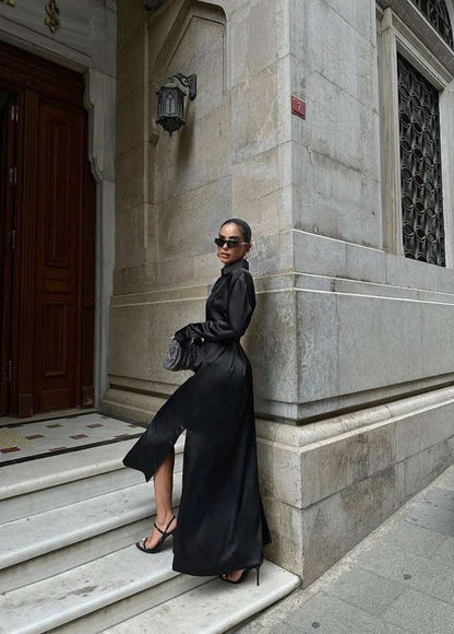 Women's Asymmetric Cut Slit Satin Shirt Dress with Belt - ChoreGirl