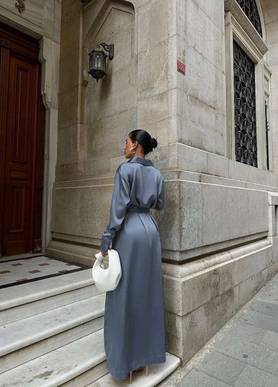 Women's Asymmetric Cut Slit Satin Shirt Dress with Belt - ChoreGirl