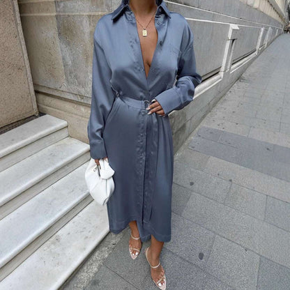 Women's Asymmetric Cut Slit Satin Shirt Dress with Belt - ChoreGirl