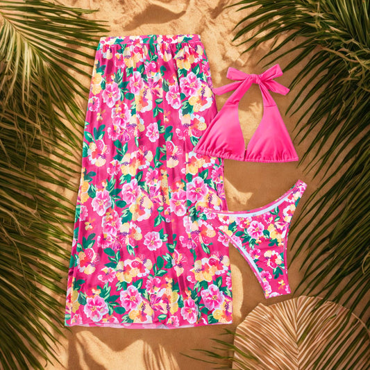 Women's Beach 3-piece Set: Swimming Suit Top, High Waist Swimming Suit Pants and High Slit Cover Skirt - ChoreGirl