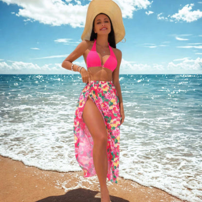 Women's Beach 3-piece Set: Swimming Suit Top, High Waist Swimming Suit Pants and High Slit Cover Skirt - ChoreGirl