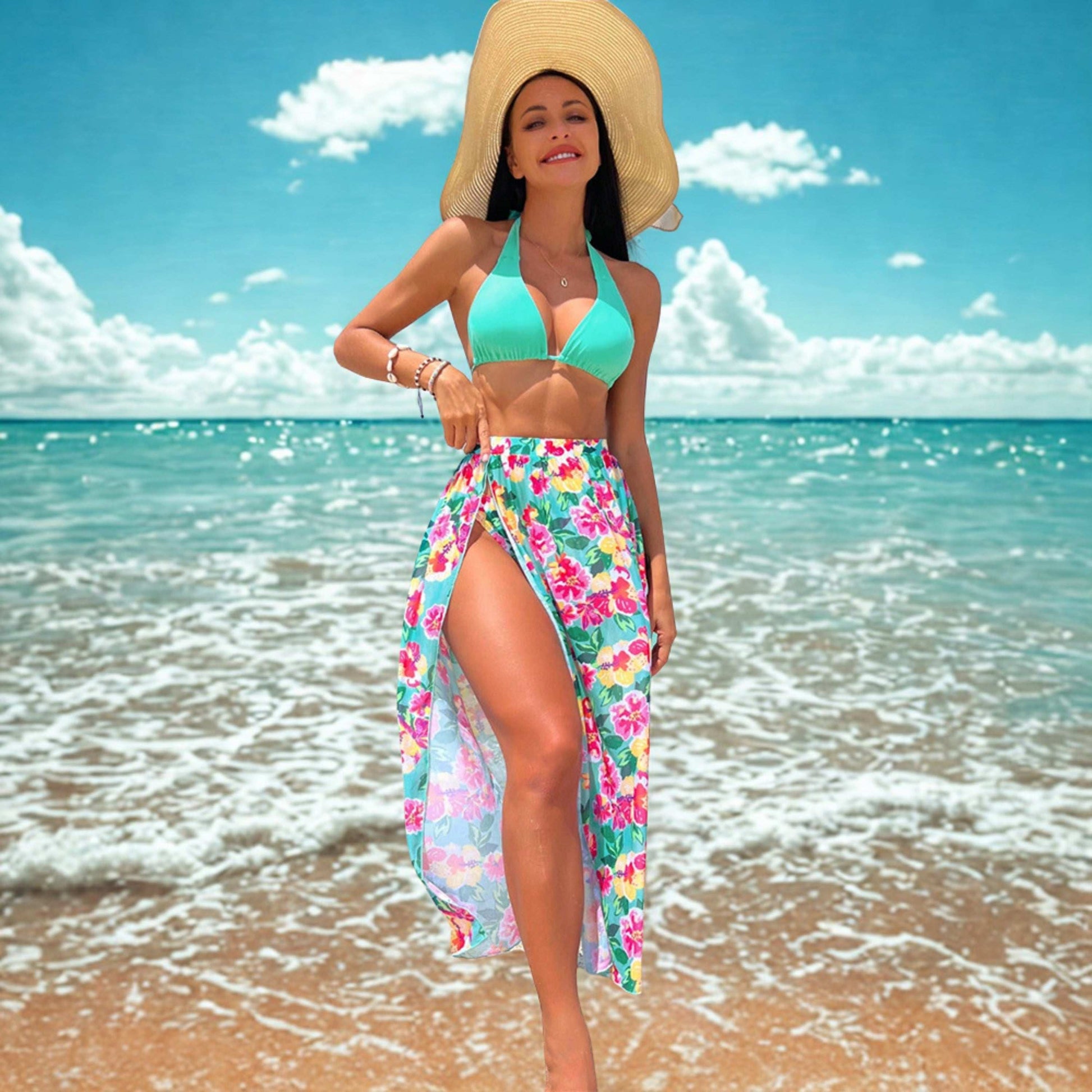 Women's Beach 3-piece Set: Swimming Suit Top, High Waist Swimming Suit Pants and High Slit Cover Skirt - ChoreGirl