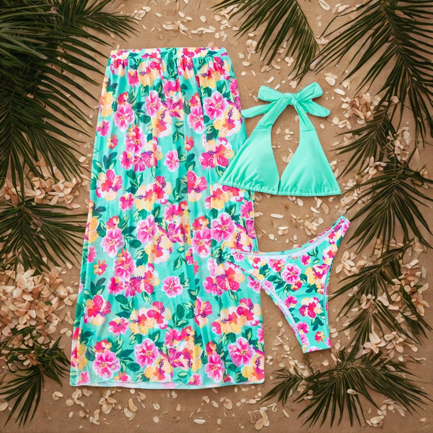 Women's Beach 3-piece Set: Swimming Suit Top, High Waist Swimming Suit Pants and High Slit Cover Skirt - ChoreGirl