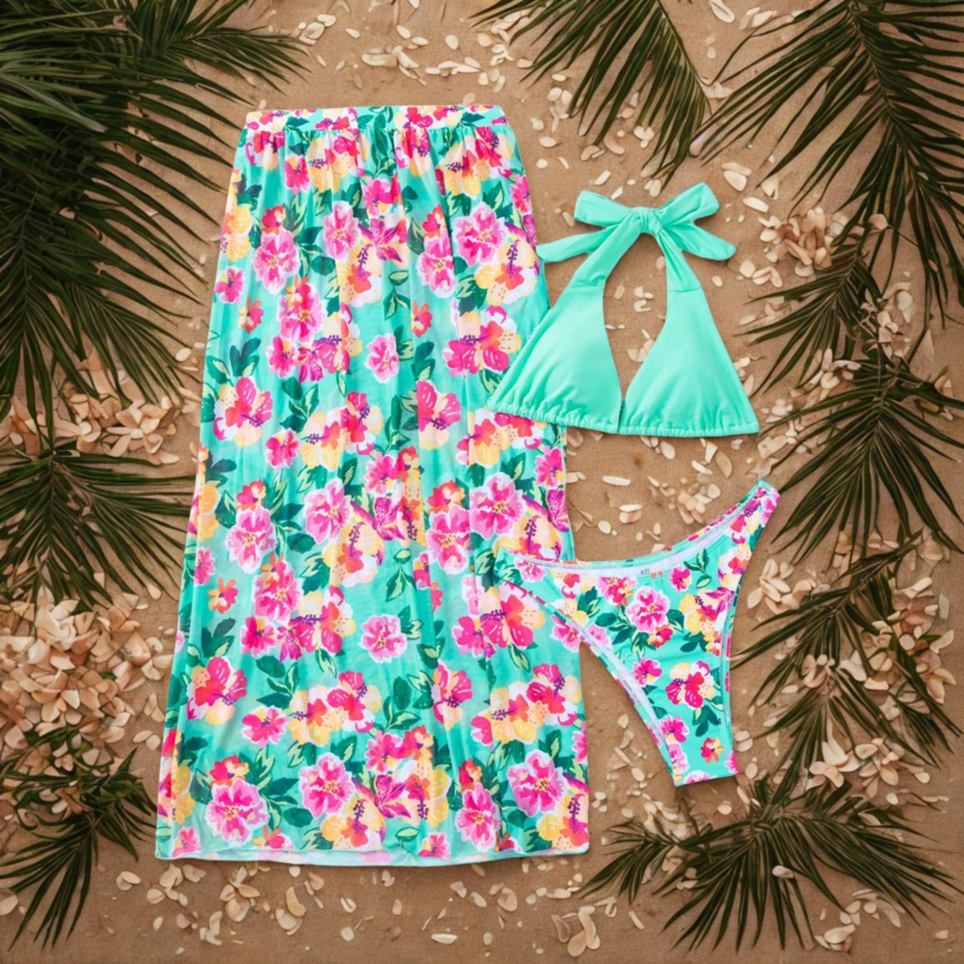 Women's Beach 3-piece Set: Swimming Suit Top, High Waist Swimming Suit Pants and High Slit Cover Skirt - ChoreGirl