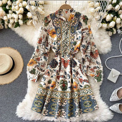 Floral patterned dress on a fur surface with decorative elements
