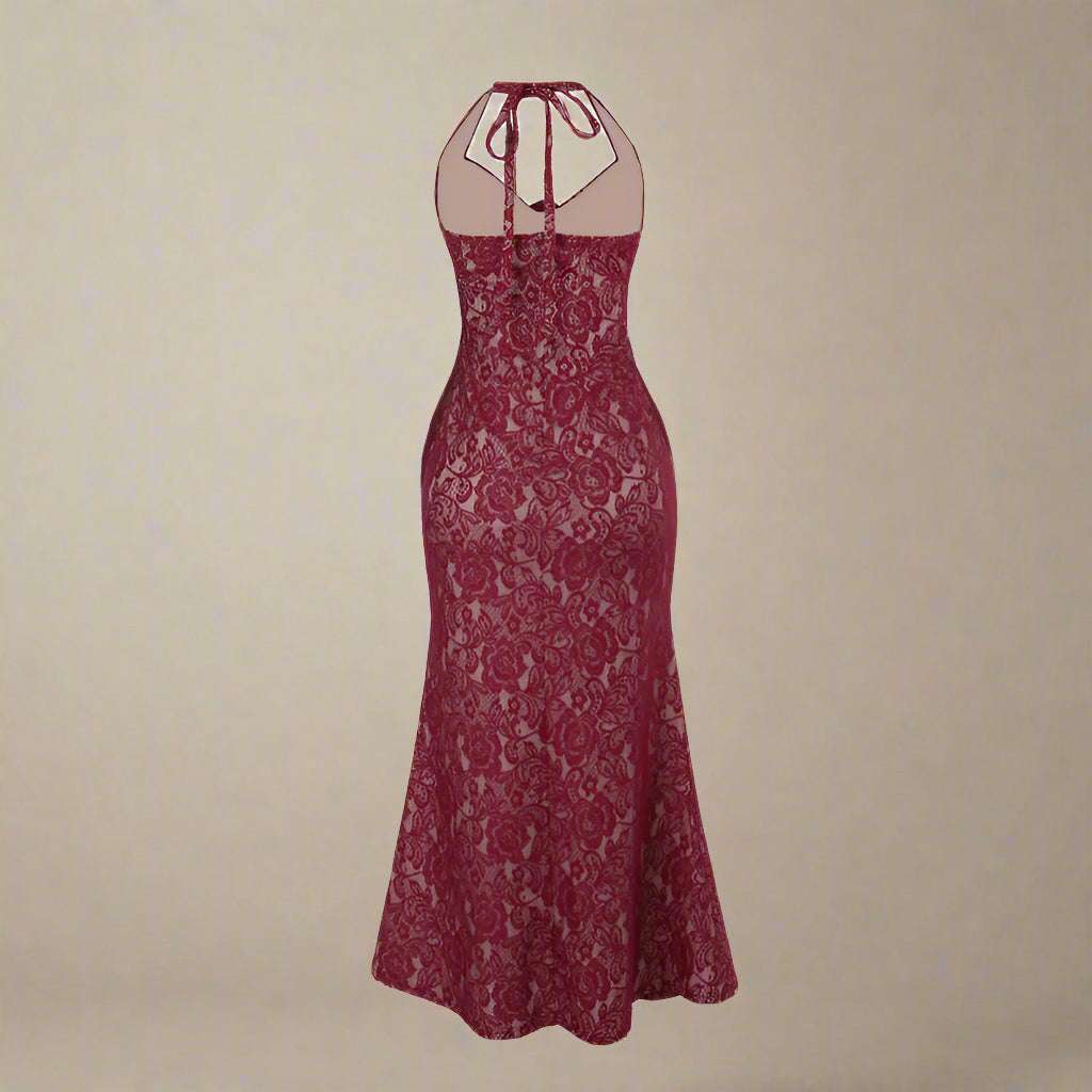 Women's Burgundy Wine Halter Lace Maxi Dress - ChoreGirl