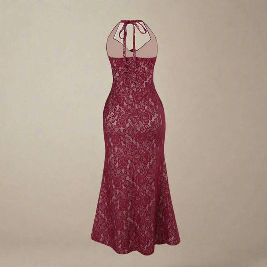 Women's Burgundy Wine Halter Lace Maxi Dress - ChoreGirl