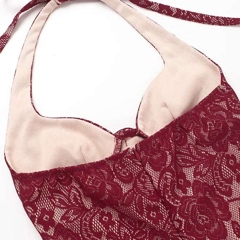 Women's Burgundy Wine Halter Lace Maxi Dress - ChoreGirl