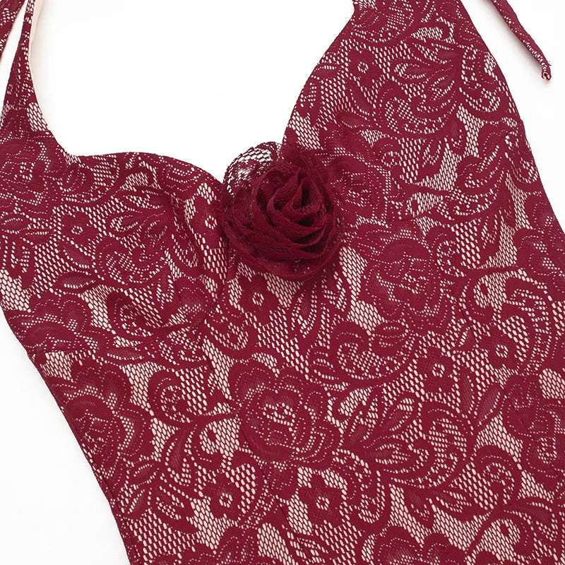 Women's Burgundy Wine Halter Lace Maxi Dress - ChoreGirl