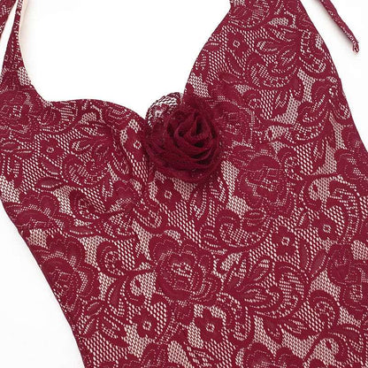 Women's Burgundy Wine Halter Lace Maxi Dress - ChoreGirl