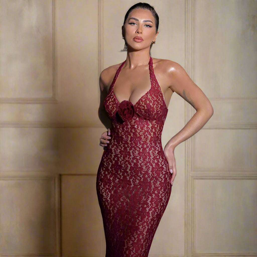 Women's Burgundy Wine Halter Lace Maxi Dress - ChoreGirl