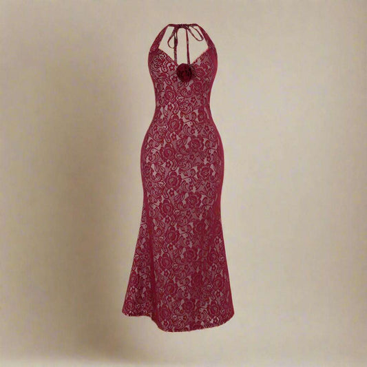 Women's Burgundy Wine Halter Lace Maxi Dress - ChoreGirl