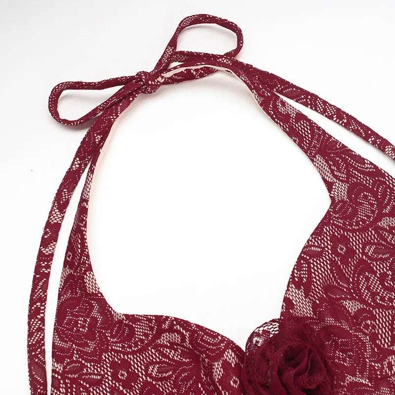Women's Burgundy Wine Halter Lace Maxi Dress - ChoreGirl
