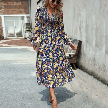 Women's Casual Elastic Waist V-neck Floral Print Dress - ChoreGirl