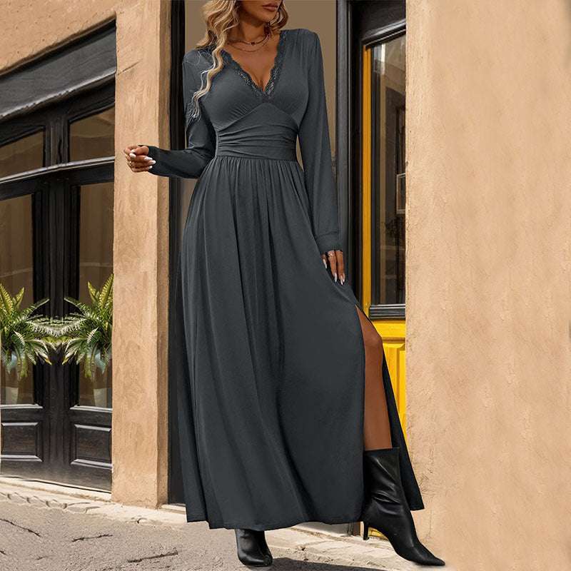 Women's Deep V-Neck Slit Slim-fitting Elegant Dress - ChoreGirl