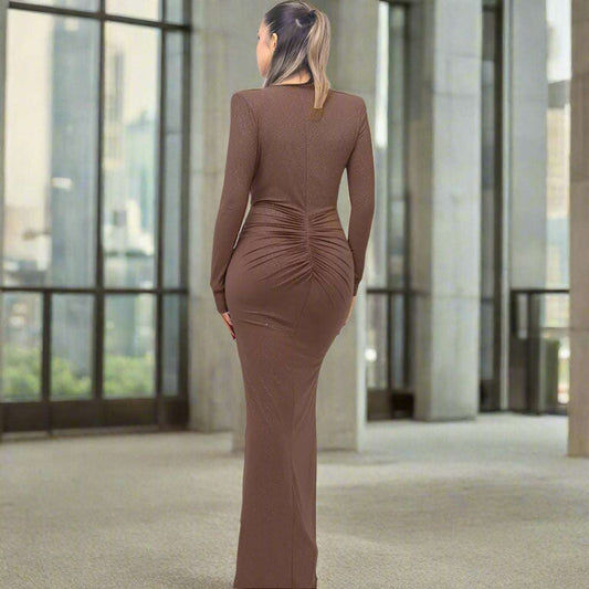 Women's Deep V-neck Silhouette Slim Fit Event Gown with Slit - ChoreGirl