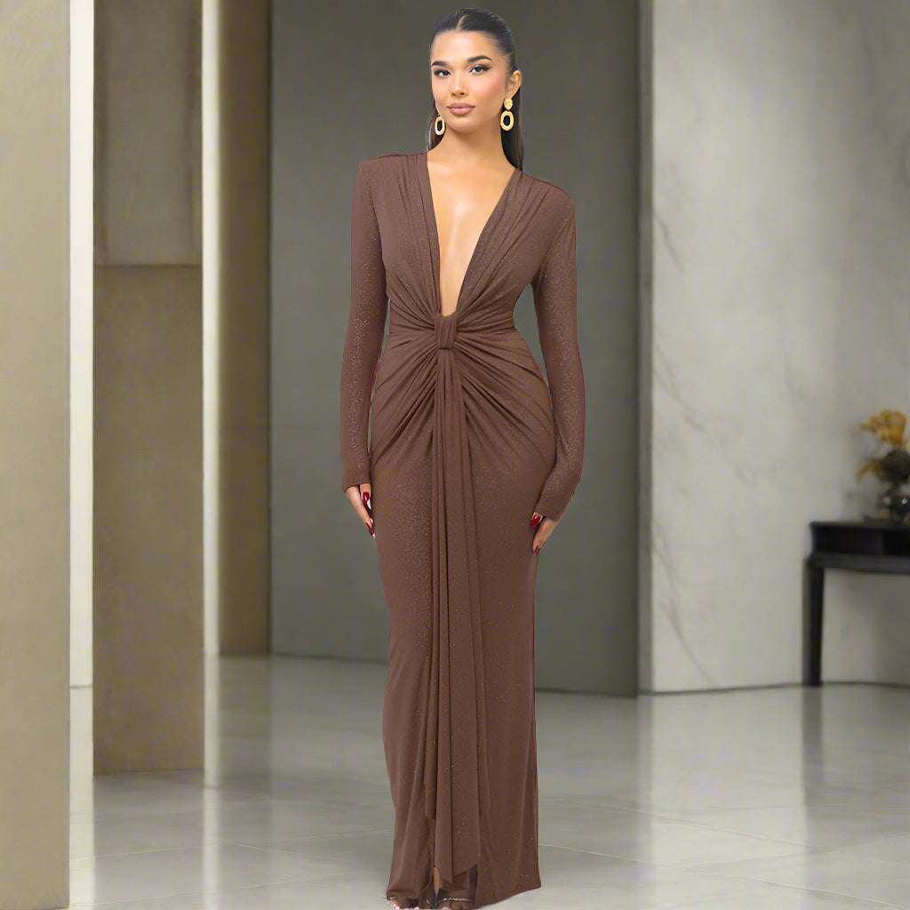 Women's Deep V-neck Silhouette Slim Fit Event Gown with Slit - ChoreGirl