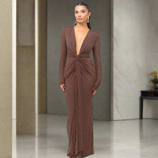 Women's Deep V-neck Silhouette Slim Fit Event Gown with Slit - ChoreGirl