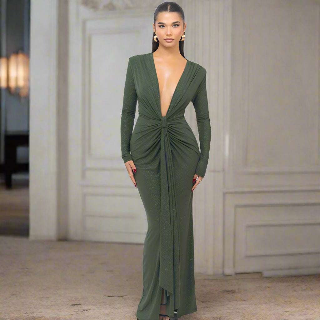 Women's Deep V-neck Silhouette Slim Fit Event Gown with Slit - ChoreGirl