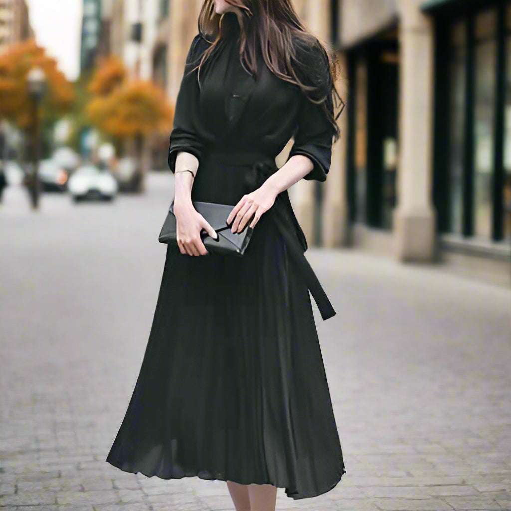 Women's Elegant Chiffon Long Sleeve Pleated Dress - ChoreGirl