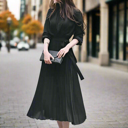 Women's Elegant Chiffon Long Sleeve Pleated Dress - ChoreGirl