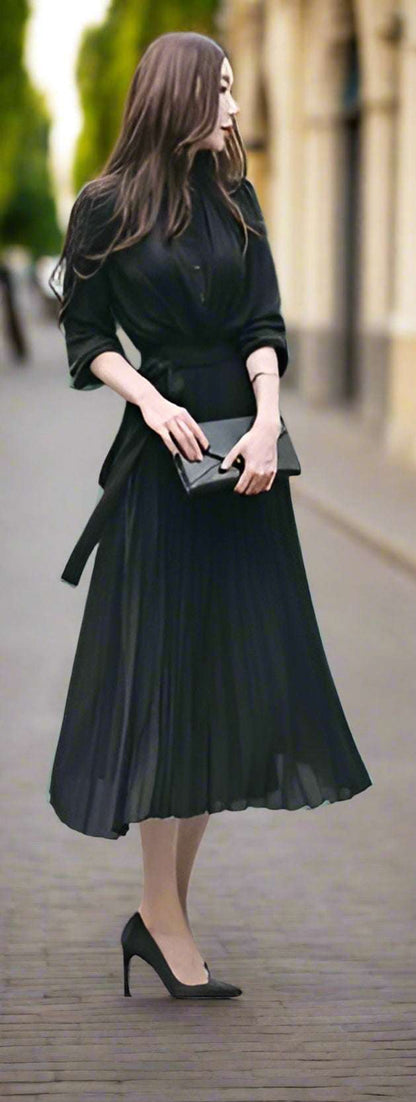 Women's Elegant Chiffon Long Sleeve Pleated Dress - ChoreGirl