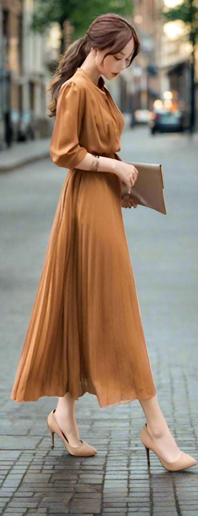 Women's Elegant Chiffon Long Sleeve Pleated Dress - ChoreGirl