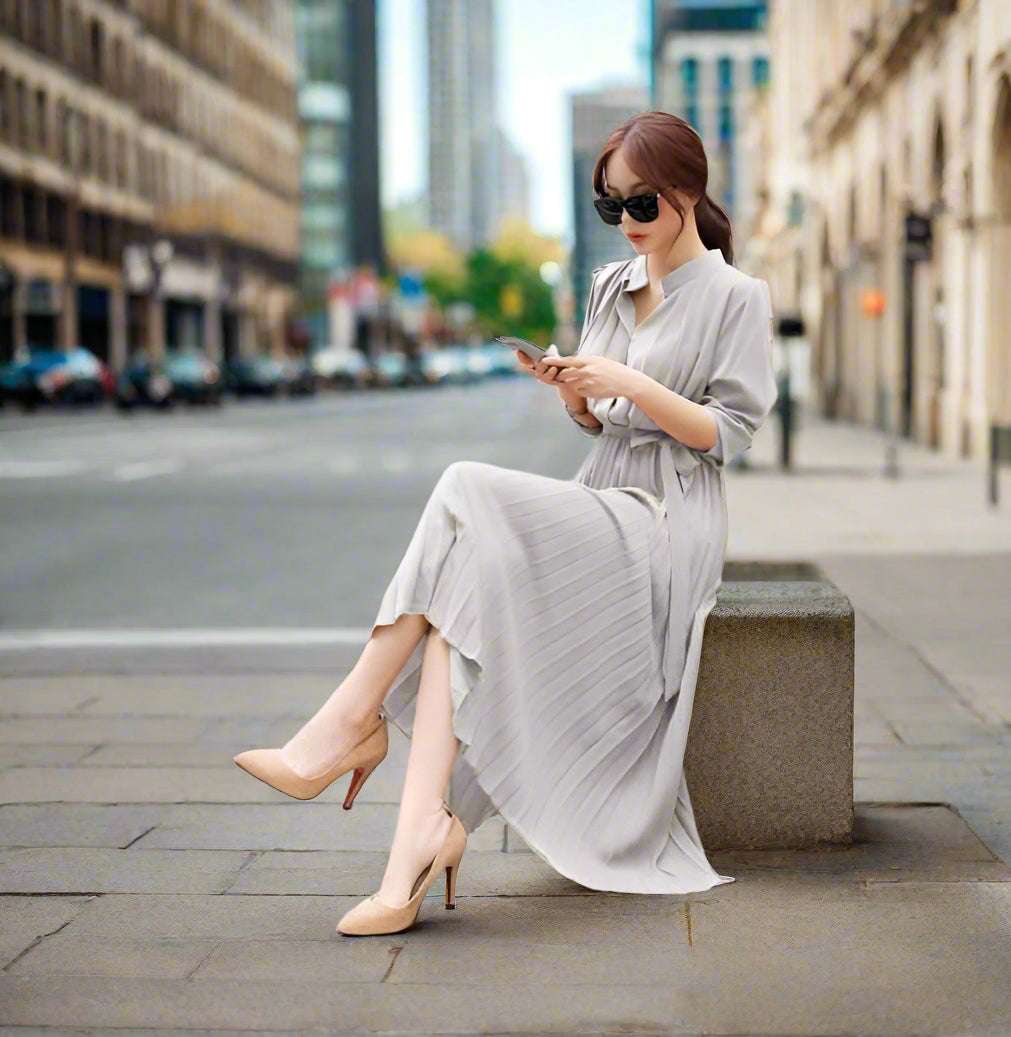 Women's Elegant Chiffon Long Sleeve Pleated Dress - ChoreGirl