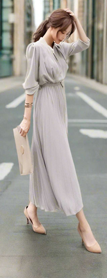 Women's Elegant Chiffon Long Sleeve Pleated Dress - ChoreGirl