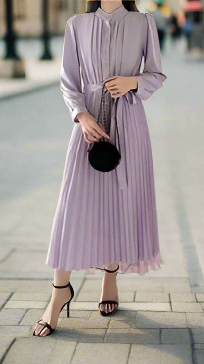 Women's Elegant Chiffon Long Sleeve Pleated Dress - ChoreGirl