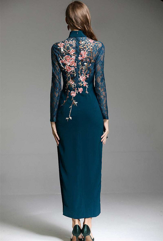 Women's Elegant Embroidered Flower Midi Dress - ChoreGirl