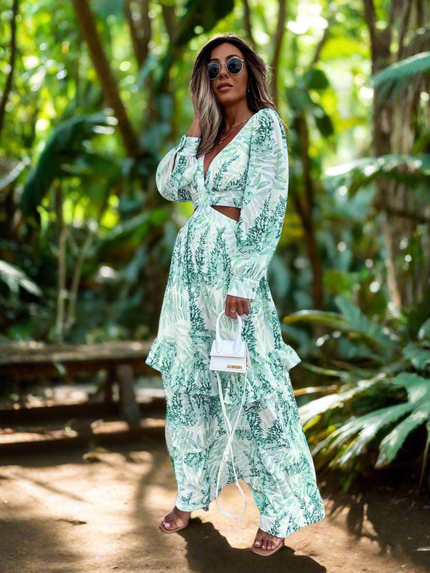 Women's Elegant Hollow sides Long Sleeves V-neck Maxi Dress - ChoreGirl