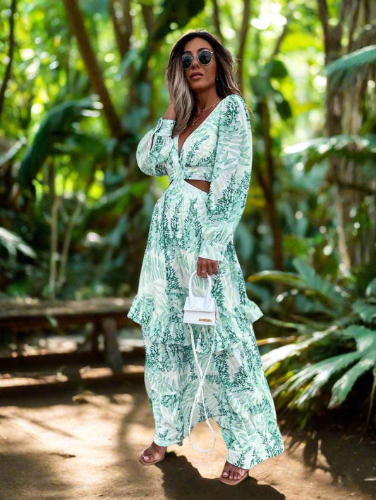Women's Elegant Hollow sides Long Sleeves V-neck Maxi Dress - ChoreGirl