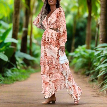 Women's Elegant Hollow sides Long Sleeves V-neck Maxi Dress - ChoreGirl